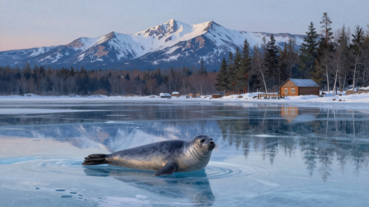 Редкая нерпа на поверхности ледяного Байкала, вокруг — снежные горы и таёжный лес в сумерках.