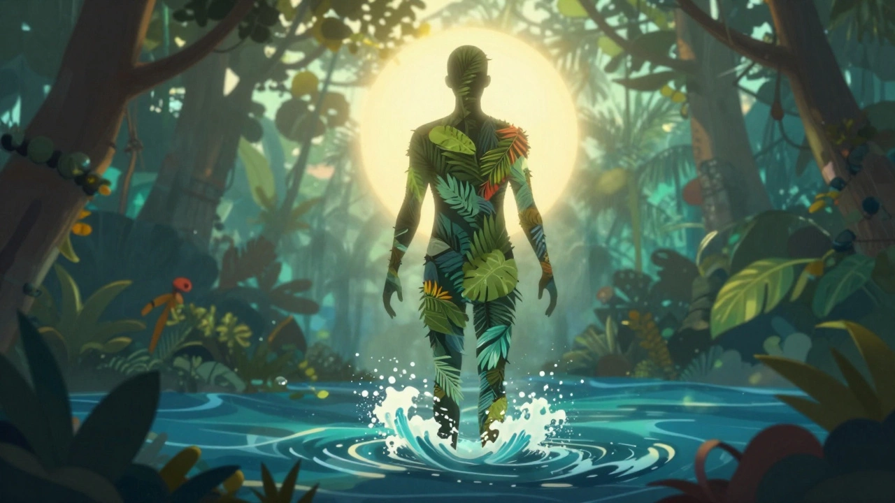 Силуэт человека, растворяющийся в тропической природе: листья, волны и солнечный свет.