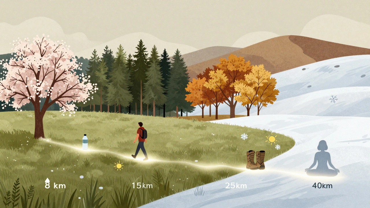 Символический путь пешехода через сезоны с обозначенными дистанциями: 8, 15, 25 и 40 км.