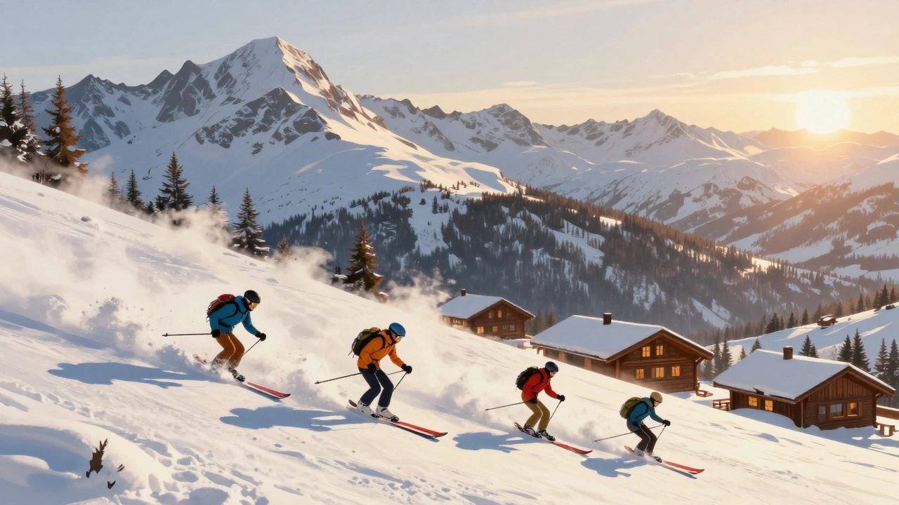 Склоны Вейла, Колорадо, покрытые сухим снегом, с деревянными коттеджами внизу и золотым закатом на горах.