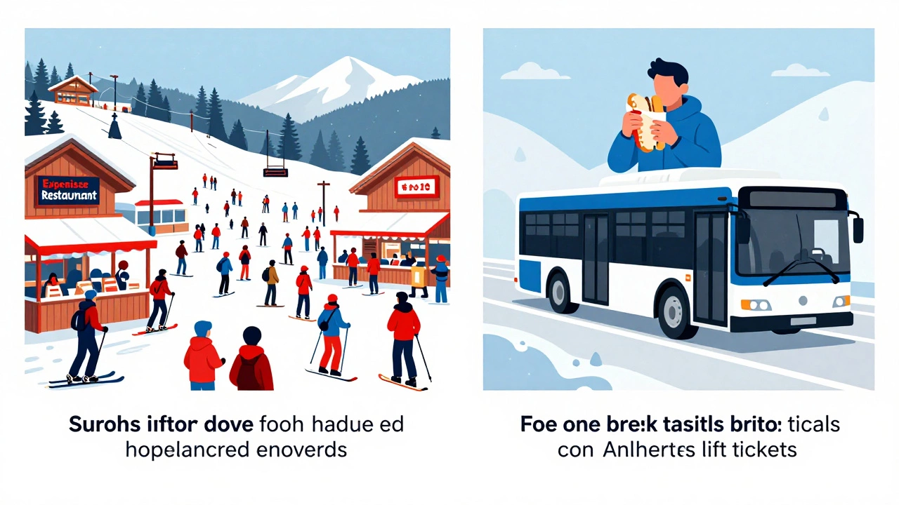 Сравнение дорогого и бюджетного лыжного отдыха: толпы и рестораны слева, супермаркет и автобус справа.