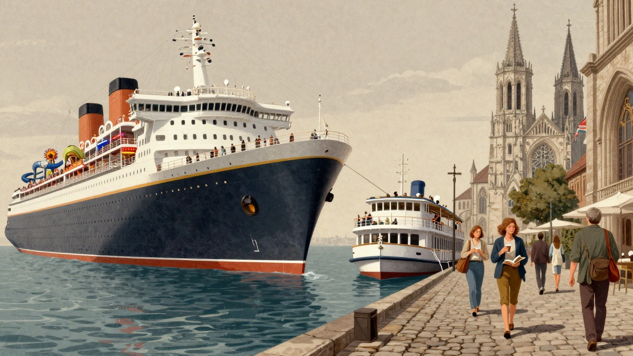 Сравнение океанского лайнера с толпами и развлечениями и узкого речного судна у европейского собора.