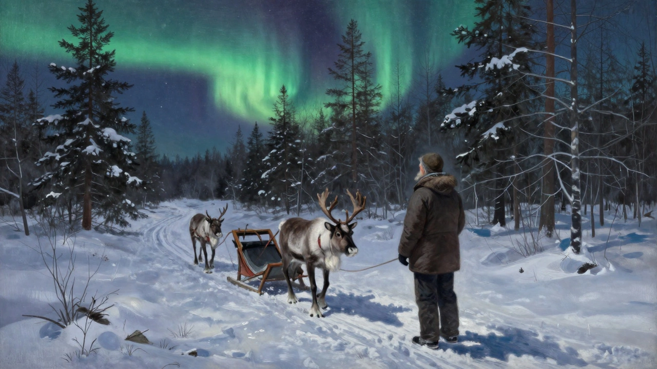 Турист без камеры наблюдает за оленьей упряжкой саамов в снежном лесу под северным сиянием.