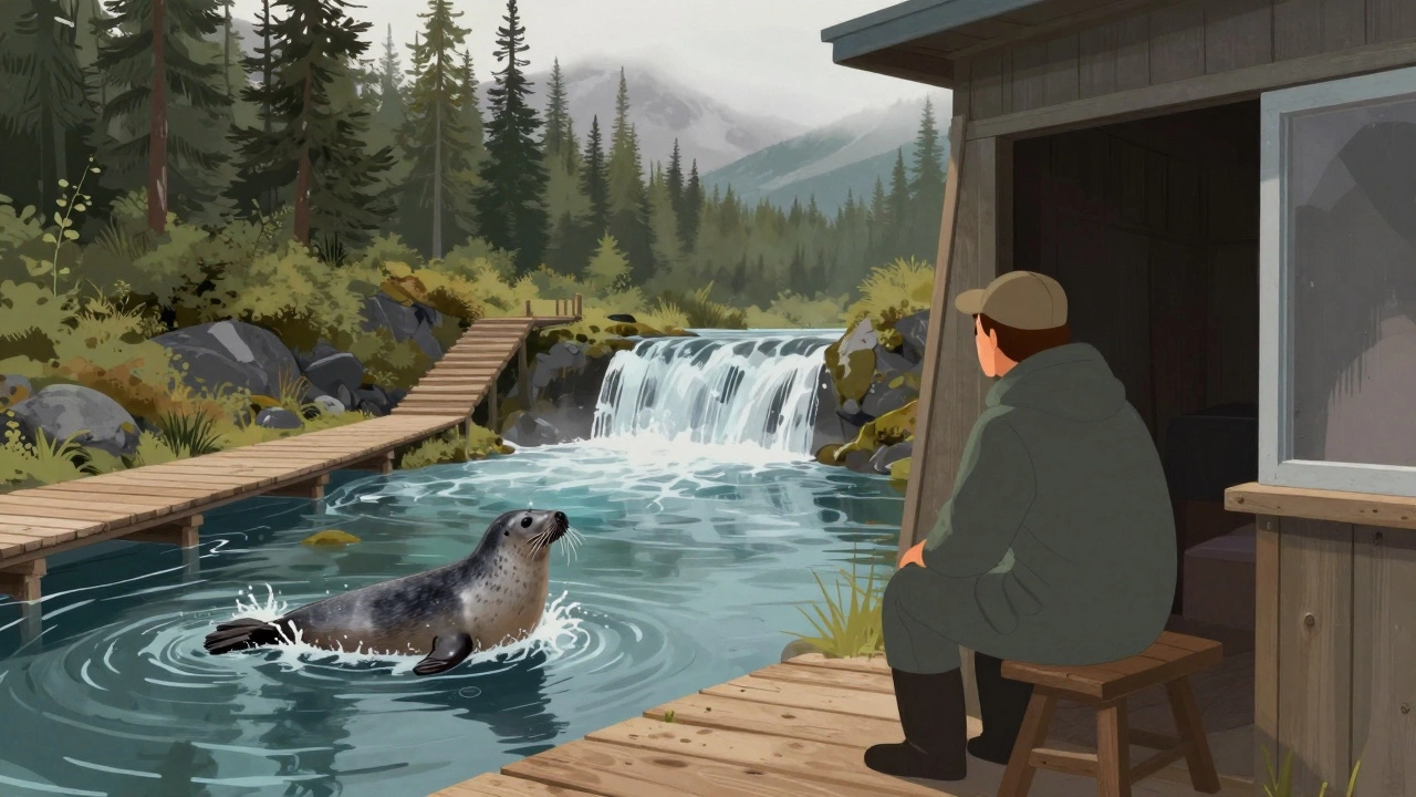 Учёный наблюдает за нерпой у водопада Кивача по деревянному настилу, окружённый лесом.