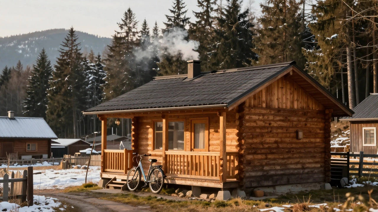 Уютный дом в деревне у границы заповедника, дым из трубы, снежные деревья на фоне.