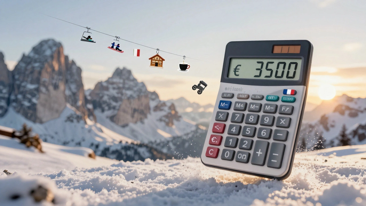 Воздушный калькулятор с расходами на лыжный отдых: Италия дешевле Франции на 2000 евро, символы снаряжения и еды.