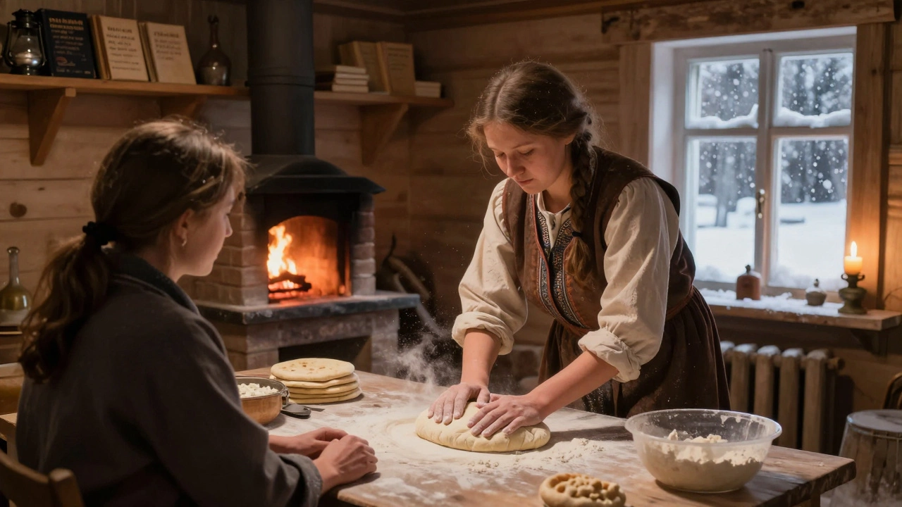 Женщина из старообрядческой деревни учит гостя лепить лепёшки у печи, вокруг — рукописные книги и масляные лампы.