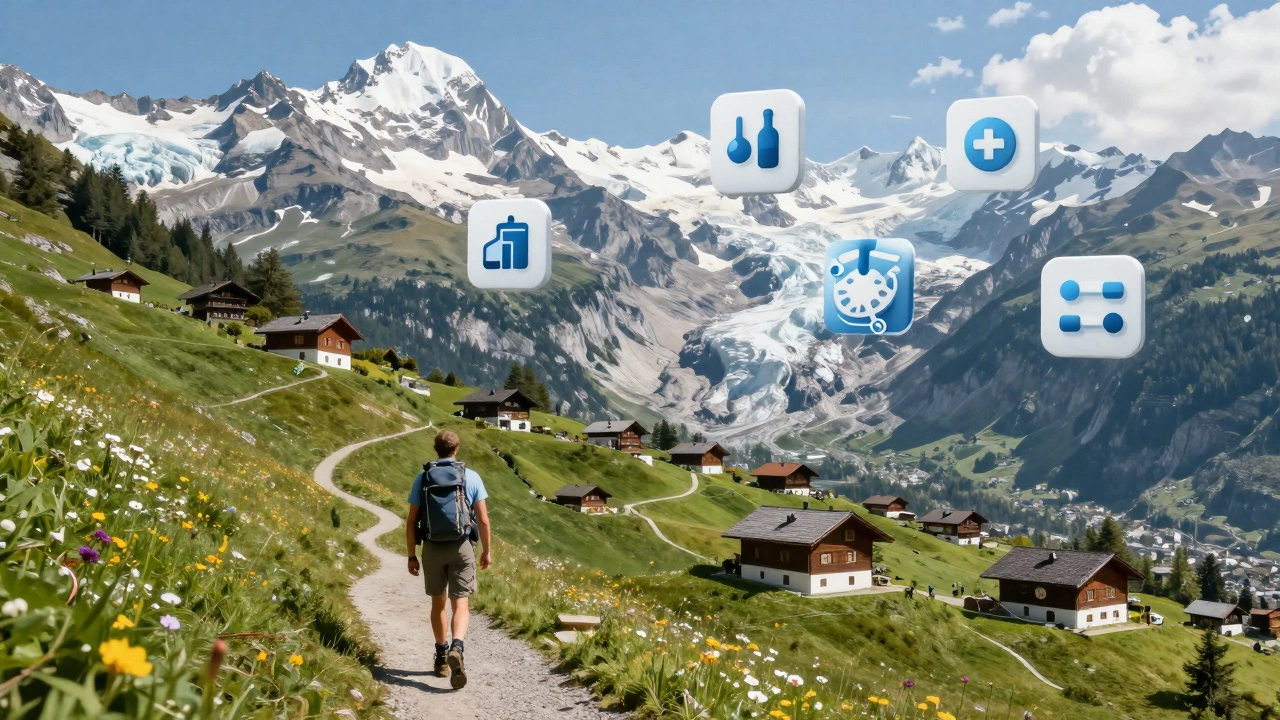 Альпы Швейцарии с пешеходом и символами фармацевтики на фоне ледников.