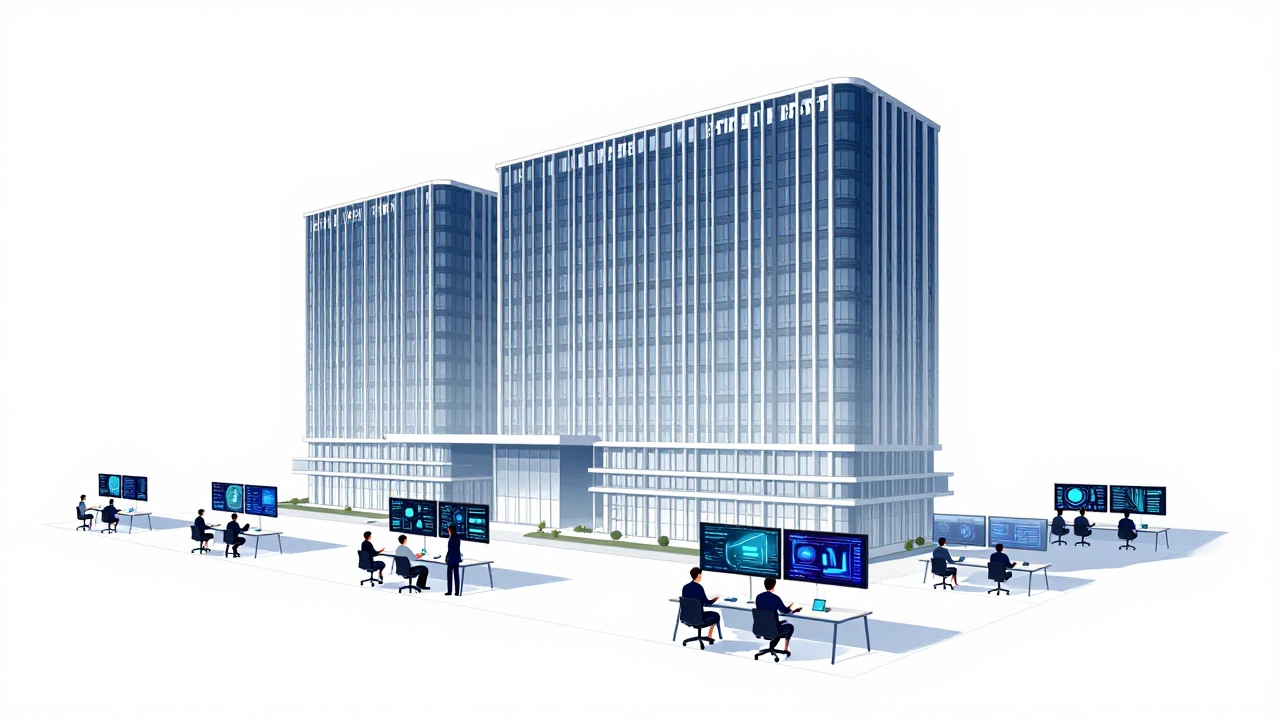 Астана ИТ Парк: сотрудники с абстрактными данными в офисе