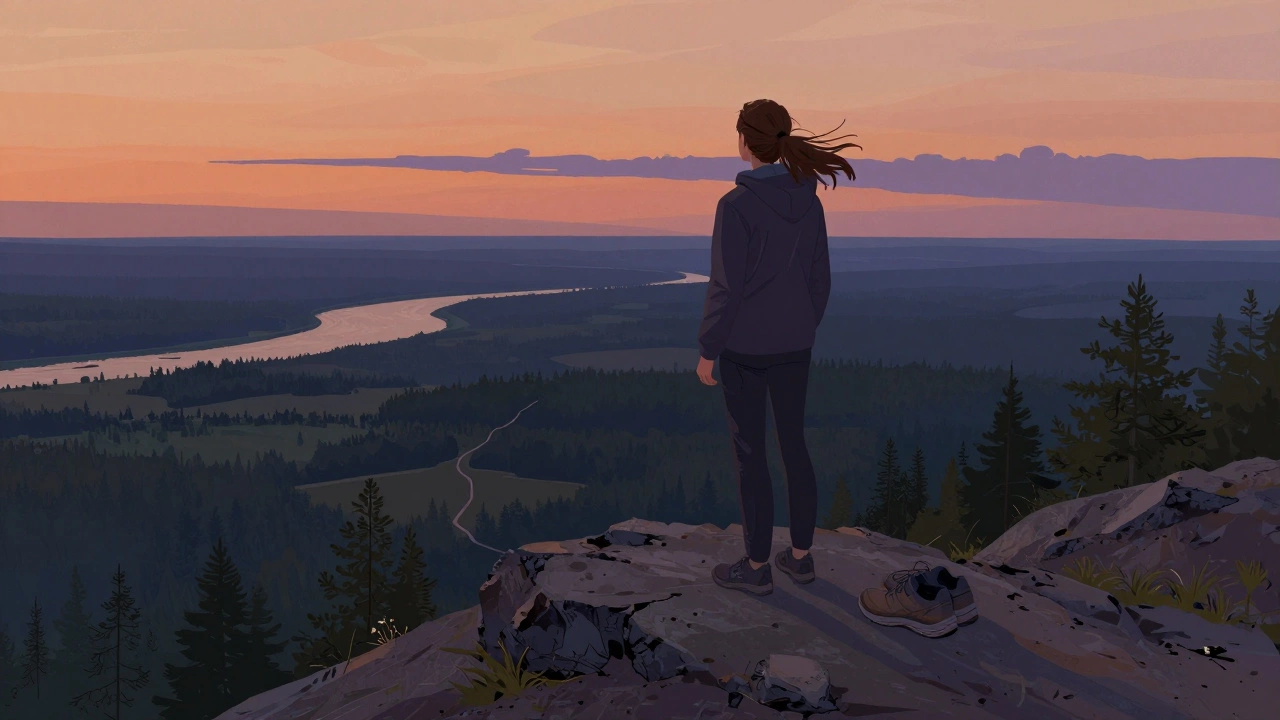 Человек стоит на холме на закате, рядом — кроссовки, за спиной — бескрайние леса и реки России.