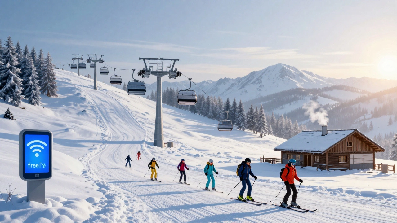 Копаоник, Сербия, на рассвете: подъемники и трассы в снежном ландшафте с цифровыми знаками.