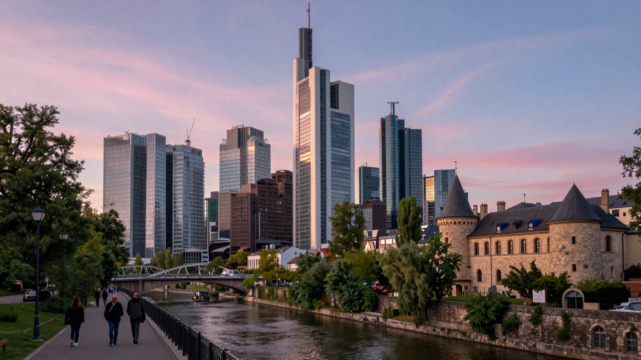 Люксембург: небоскрёбы и река Альзетт с замками на рассвете.