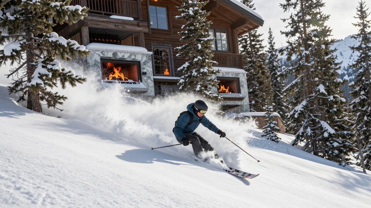 Лыжник оставляет следы в идеальном снегу Сквайр-Вэлли, за окном — камин и винный погреб, вокруг — пустынные леса и сияющий снег.