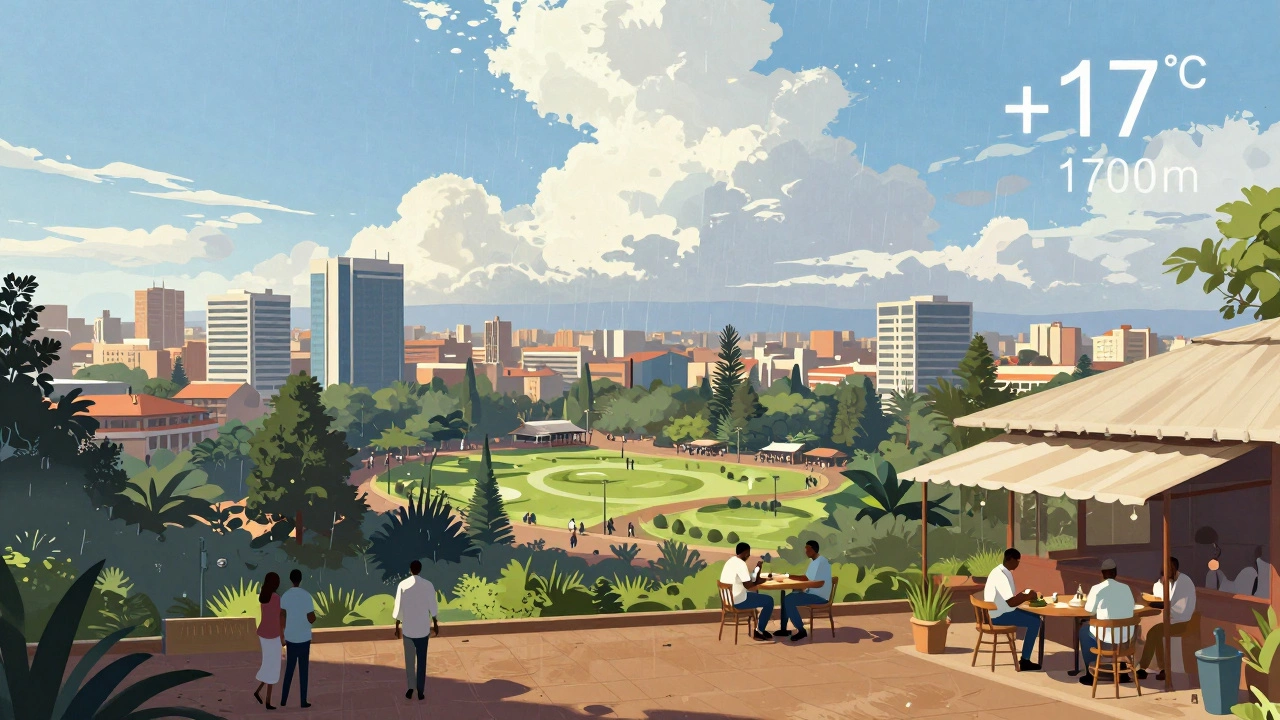 Найроби, Кения: город на высоте 1700 м, солнце и легкий дождь, жители в легкой одежде.