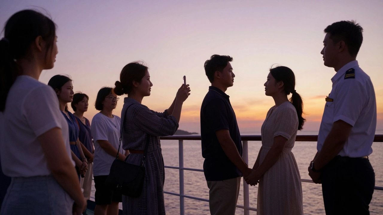 Пассажир спрашивает разрешение сфотографировать пару на закате, рядом стоит член экипажа.