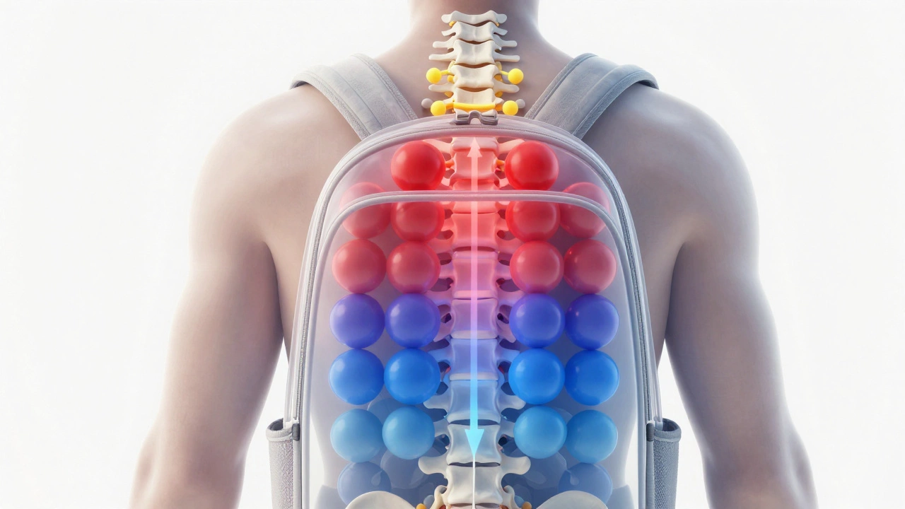 Прозрачная модель позвоночника с цветным распределением веса в рюкзаке: тяжёлое — на уровне лопаток.