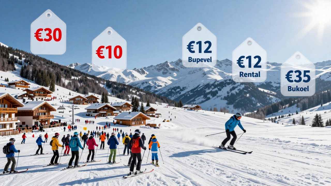 Сравнение цен: дорогой курорт слева, спокойный Буковель справа с прозрачными ценниками на снегу.
