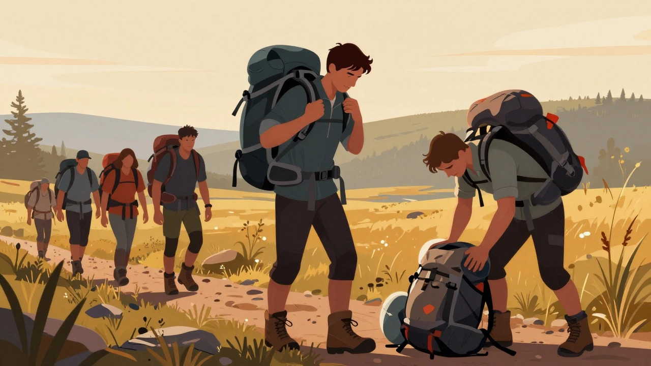 Сравнение двух туристов: один с правильной нагрузкой, другой — с тяжёлым рюкзаком, набитым внизу.