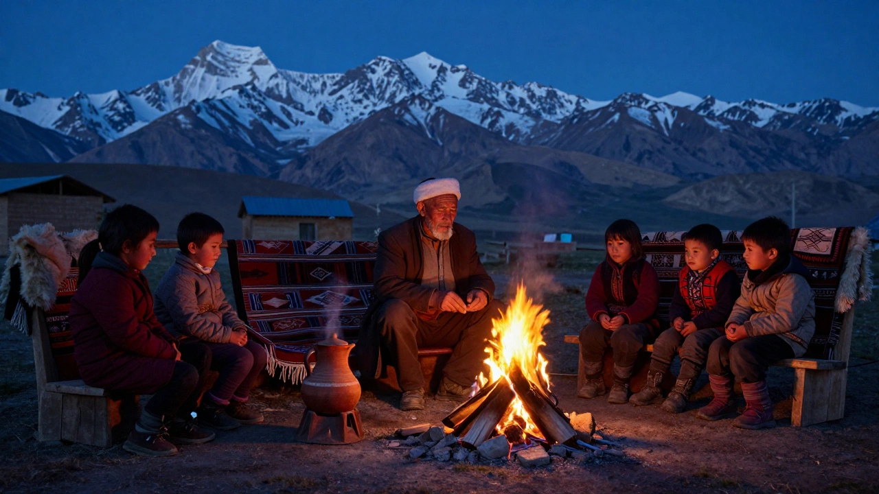Старик играет на дудуке у костра в Таджикистане, дети слушают в тишине, за ними — снежные пики и закат.