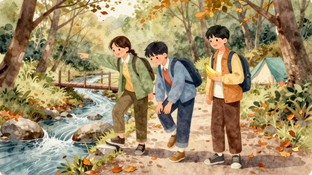 Трое новичков идут по лесной тропе осенью, один указывает на ручей, другие с улыбками — без рюкзаков и снаряжения.