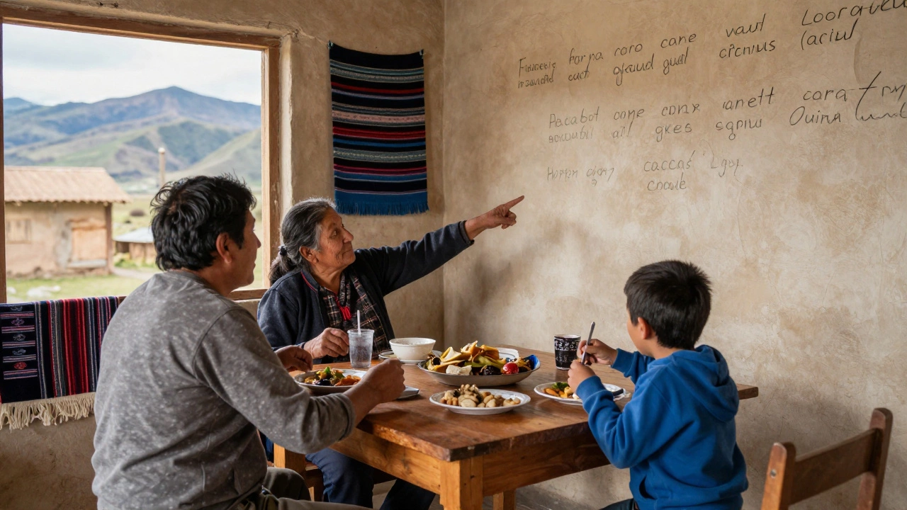 Турист учит кечуа за обедом с семьей в Боливии, где никто не говорит по-испански.