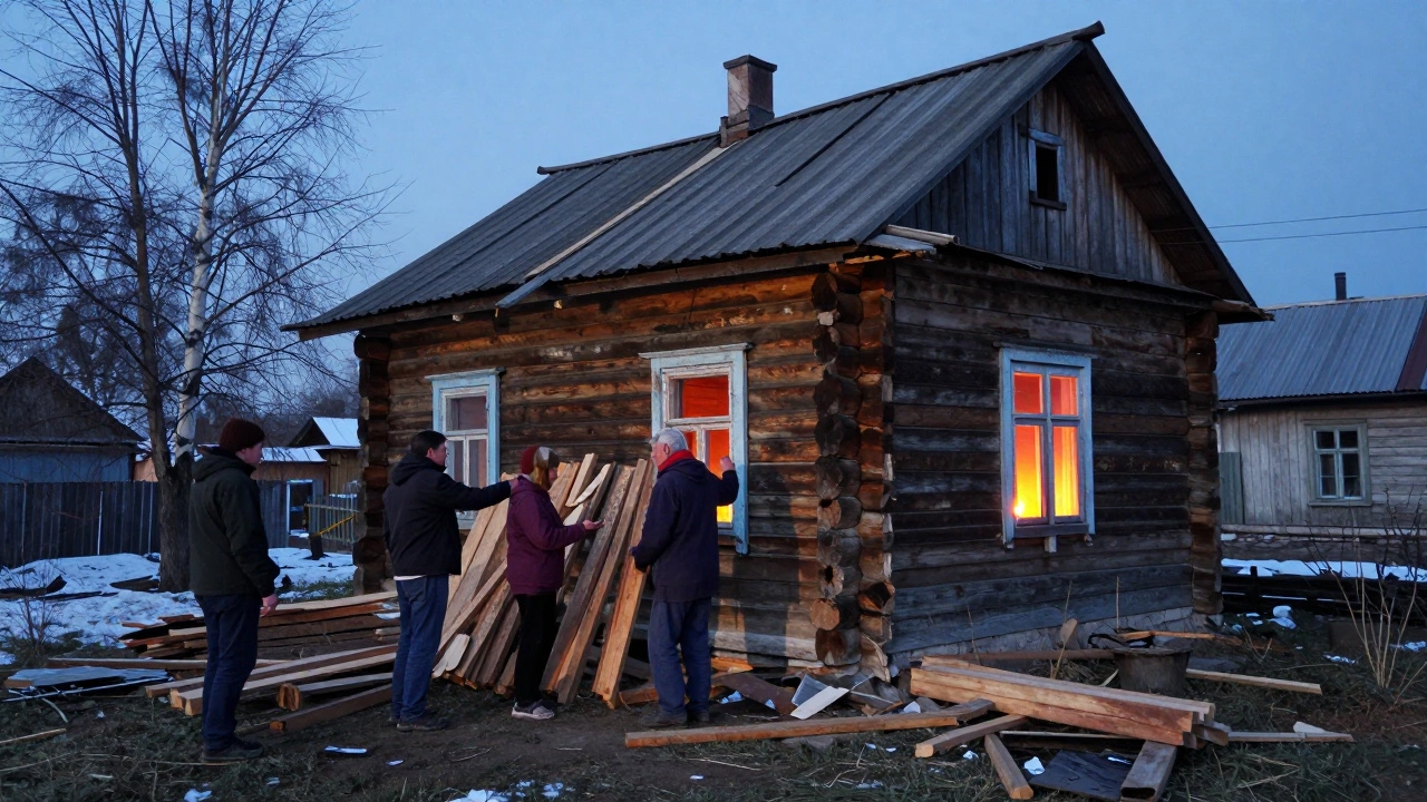 Туристы восстанавливают деревянный дом в Украине вместе с местными жителями после разрушения.