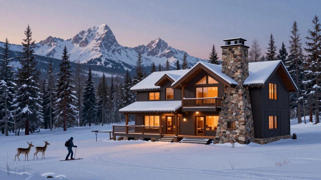 Уединенный коттедж в Вайтстоне на закате, олени у окна, тихая атмосфера без толп, частный вертолет на заднем плане.