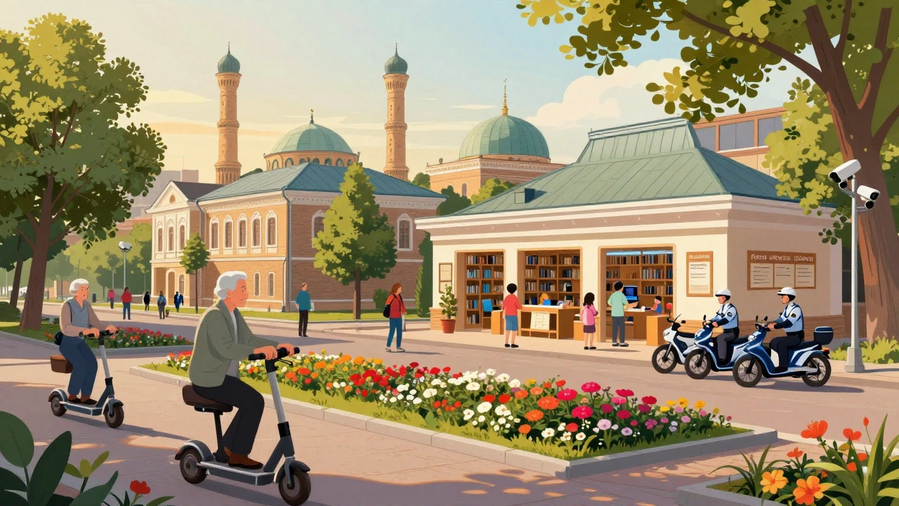 Живописный район Казани с безопасными улицами, библиотекой и пожилыми людьми на электромобилях.