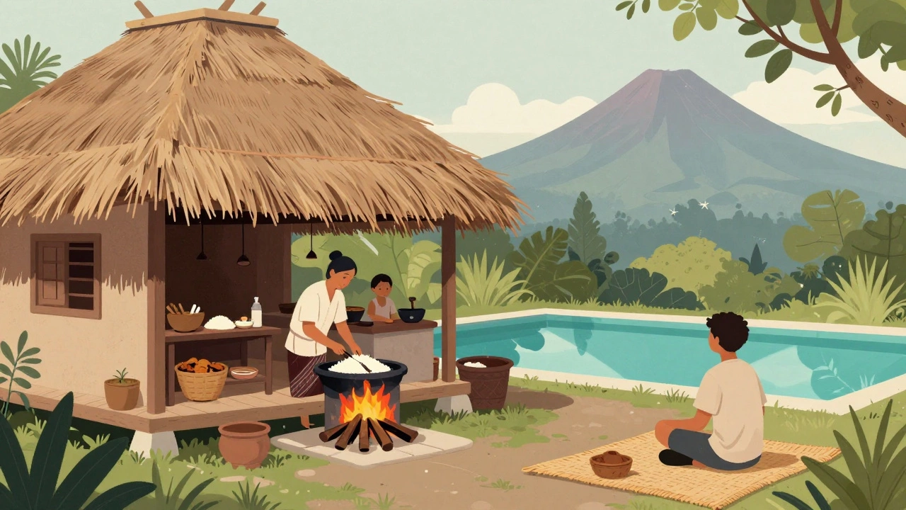 Домашняя кухня на Бали, где местный повар готовит еду для путешественника.