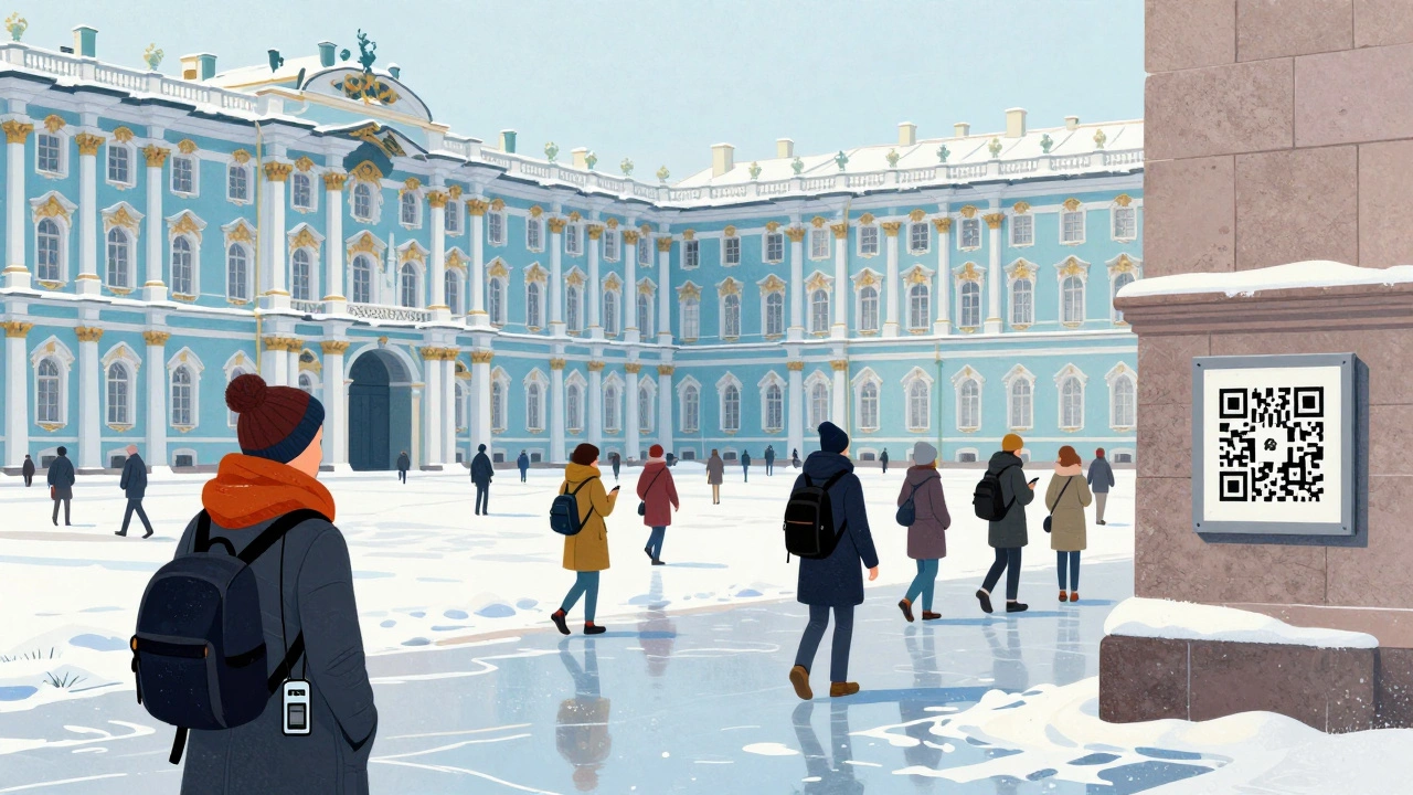 Дворец Эрмитажа зимой, туристы с аудиогидами, снежный двор, QR-код на стене, атмосфера спокойного погружения.