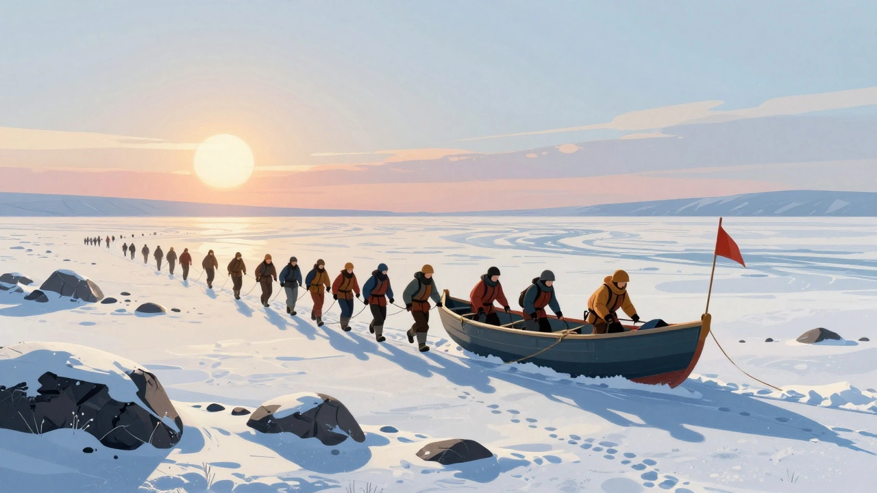 Экспедиция тащит лодку через тундру между реками, на фоне — следы волков и снежные холмы.