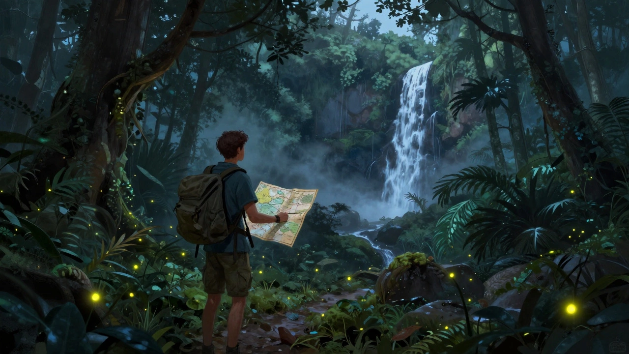 Исследователь идёт по джунглям в сумерках, ищет скрытый водопад, вокруг — огоньки светлячков и густая листва.