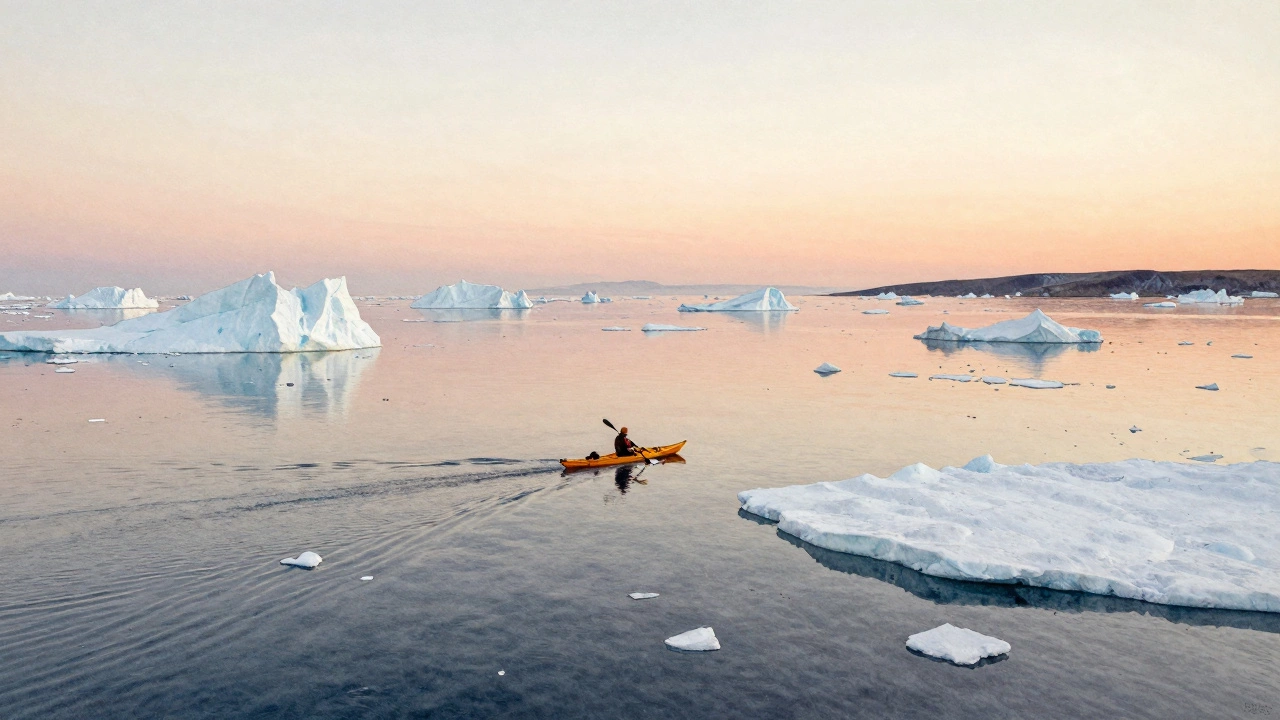 Каяк пересекает Берингов пролив среди ледяных поля, берега едва видны в тумане.