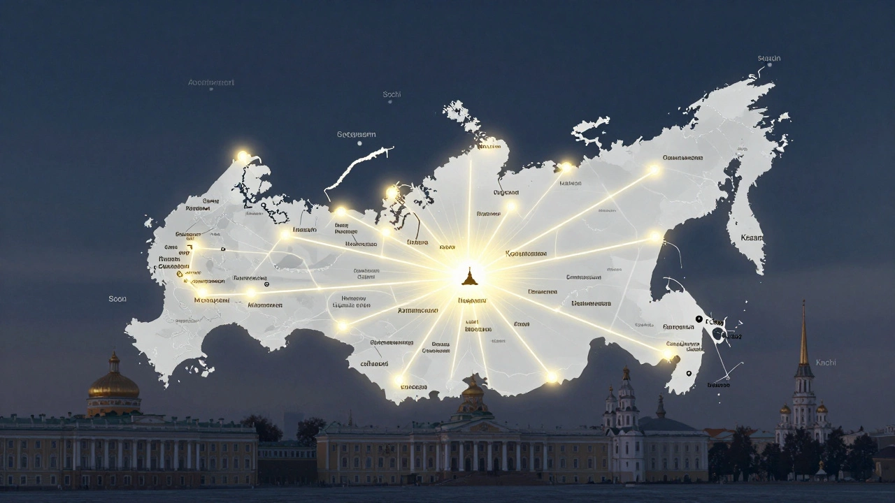 Карта России с Санкт-Петербургом в центре, светящиеся пути к музеям и станциям, другие города тусклые, символ интегрированного туризма.