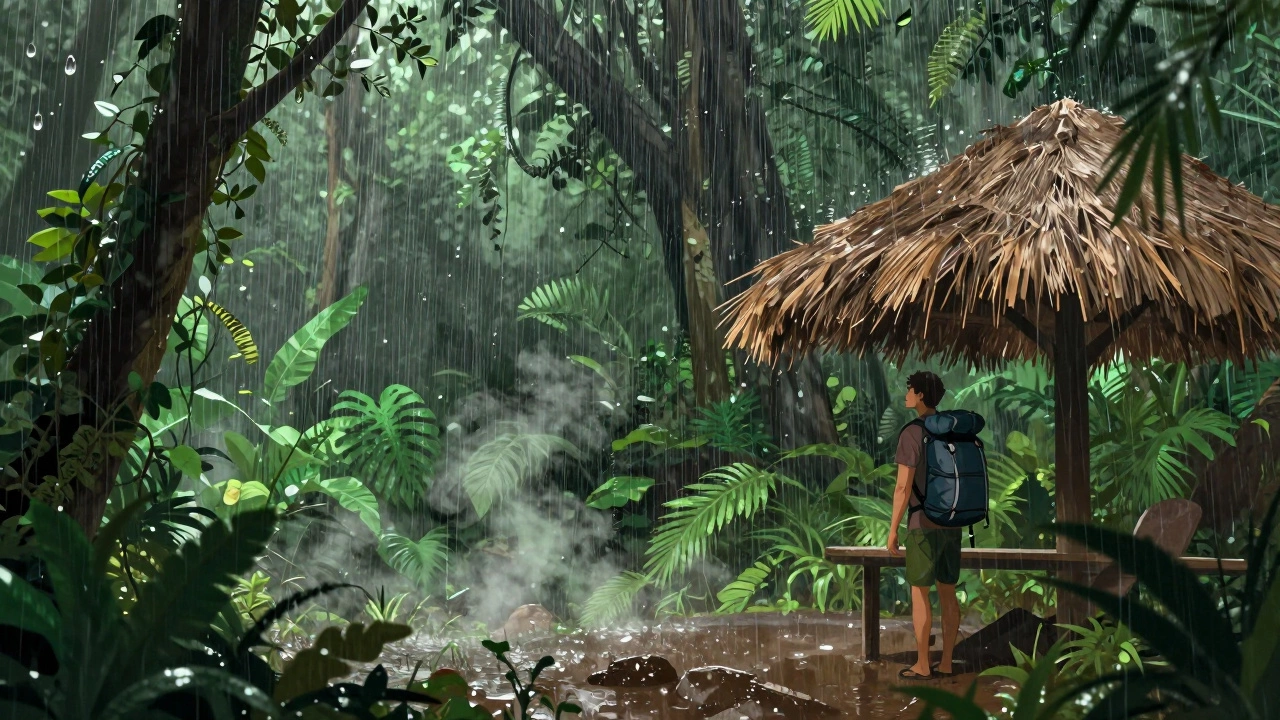 Ливень в тропическом лесу, путешественник укрывается под крышей, дождь стучит по листве.