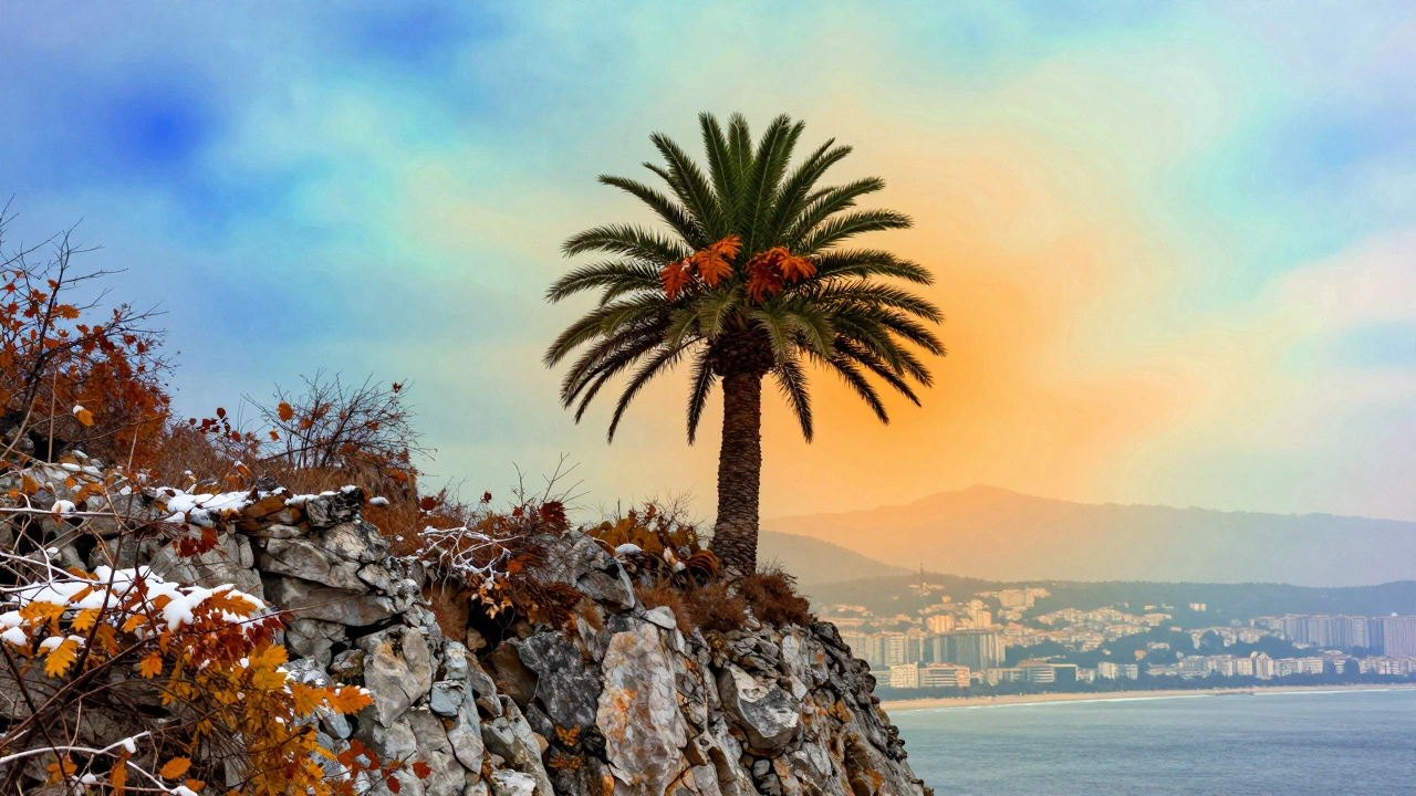 Пальма на юге Сахалина среди снега, символизирующая границу субтропического климата.