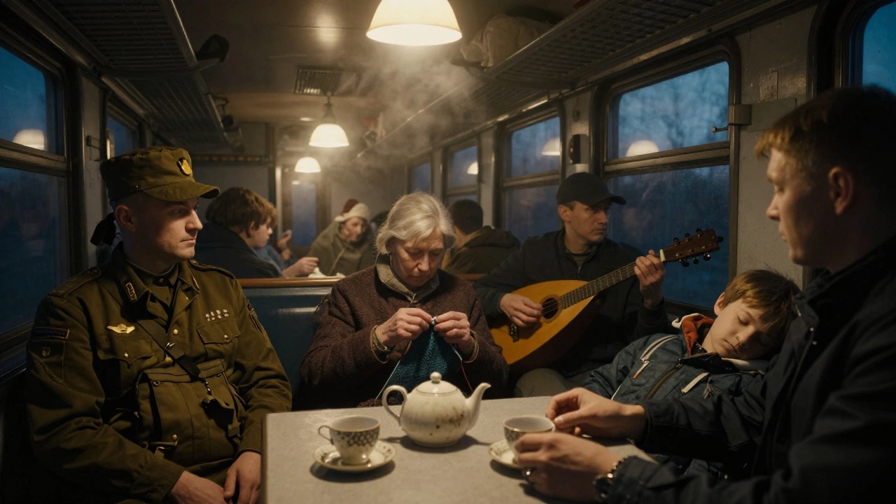 Пассажиры в вагоне Транссиба ночью: старушка вяжет, музыкант играет, чайник на столе.