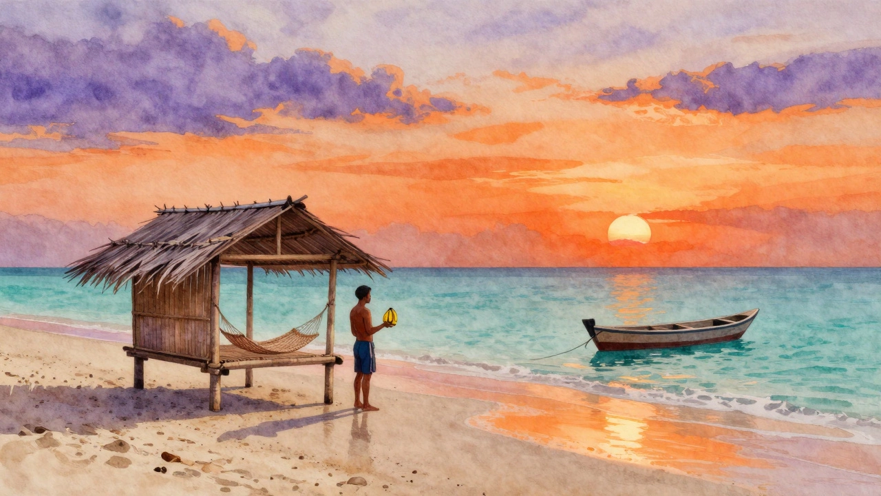 Пустынный пляж на Филиппинах на закате с бамбуковой хижиной и лодкой.