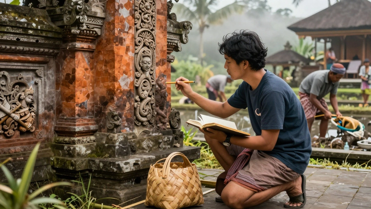 Путешественник изучает древние резные узоры на храме в деревне Тегаллальанг, рядом — системы орошения Субак.