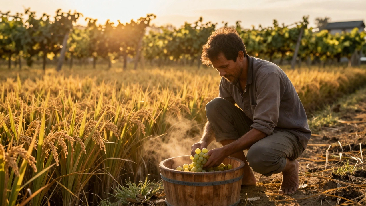 Путешественник топчет виноград ногами в деревянной чане на винограднике в Грузии при закате.