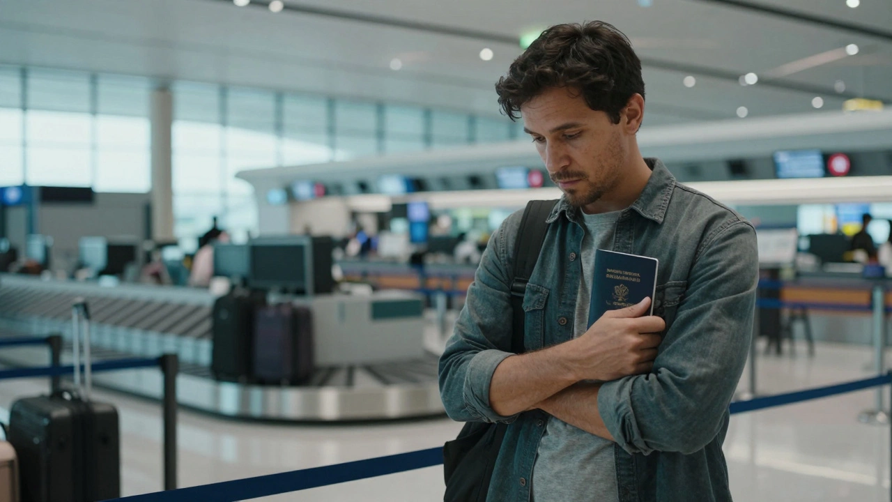 Путешественник в аэропорту с паспортом у стойки регистрации