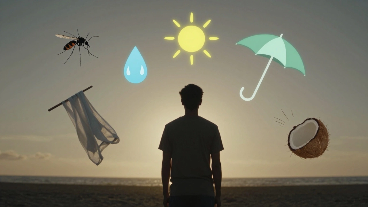 Силуэт человека surrounded символами тропического климата: пот, комар, зонт, кокос.