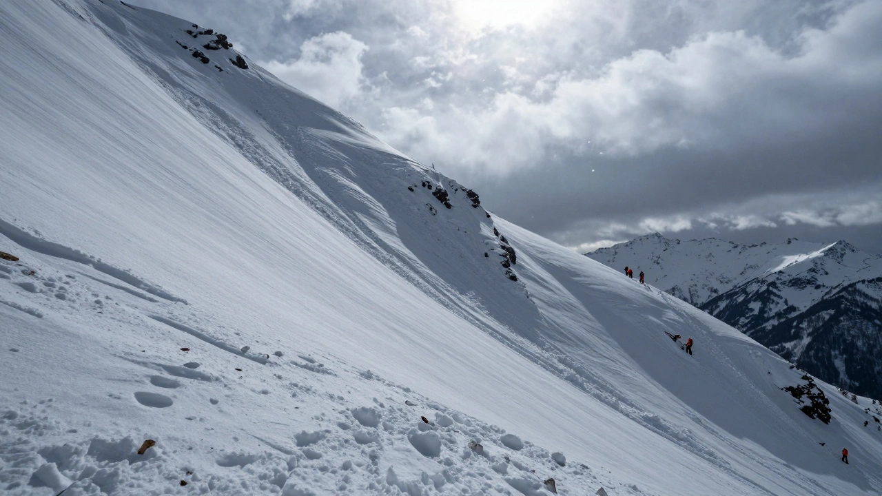 Спуск лавины и спасатели на снежном склоне горы
