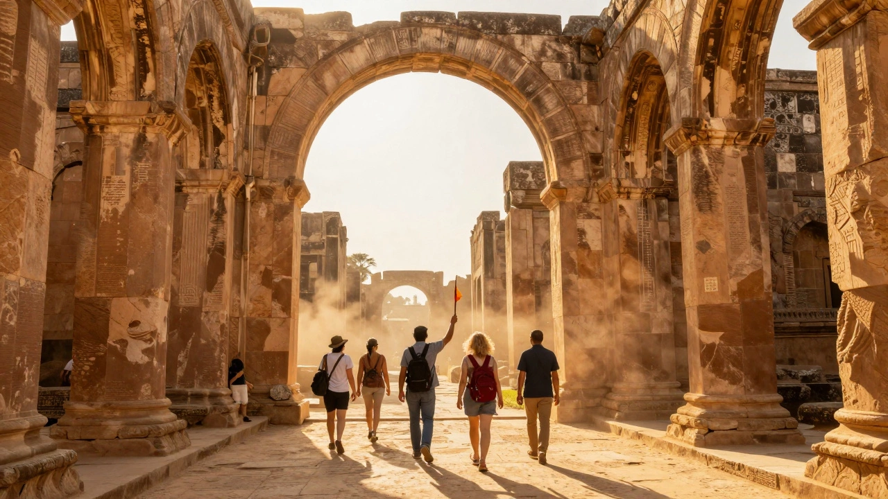 Туристы осматривают древние исторические руины под солнцем