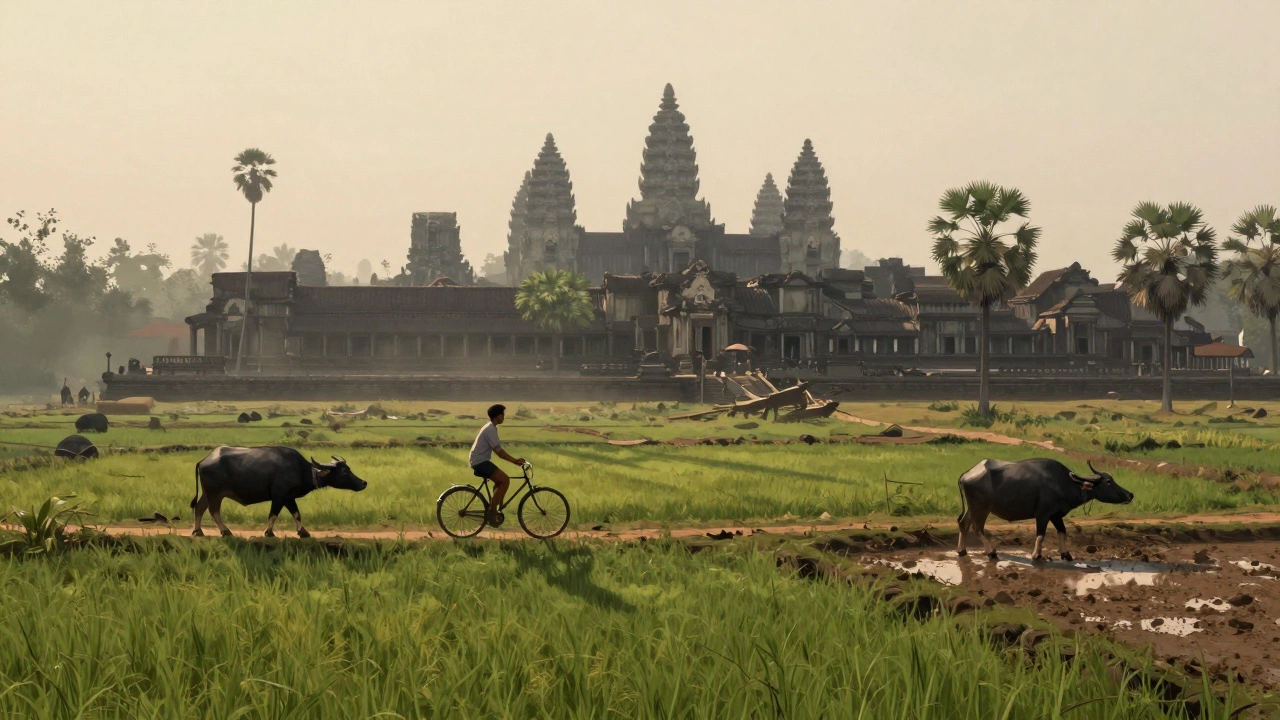 Велосипедист едет через рисовые поля рядом с древними храмами Ангкор-Ват на рассвете.