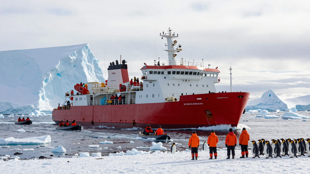 Экспедиционный ледокол в Антарктиде среди айсбергов и пингвинов на берегу