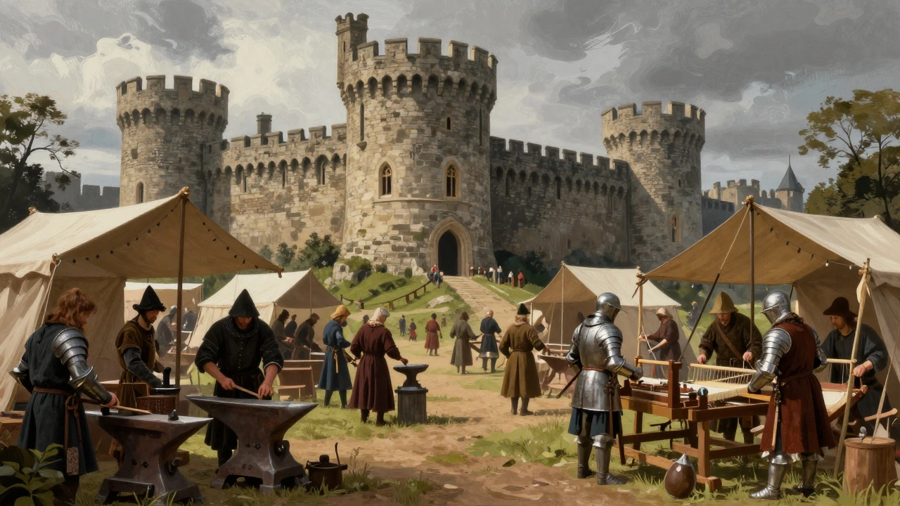 Фестиваль живой истории с людьми в средневековых костюмах у замка