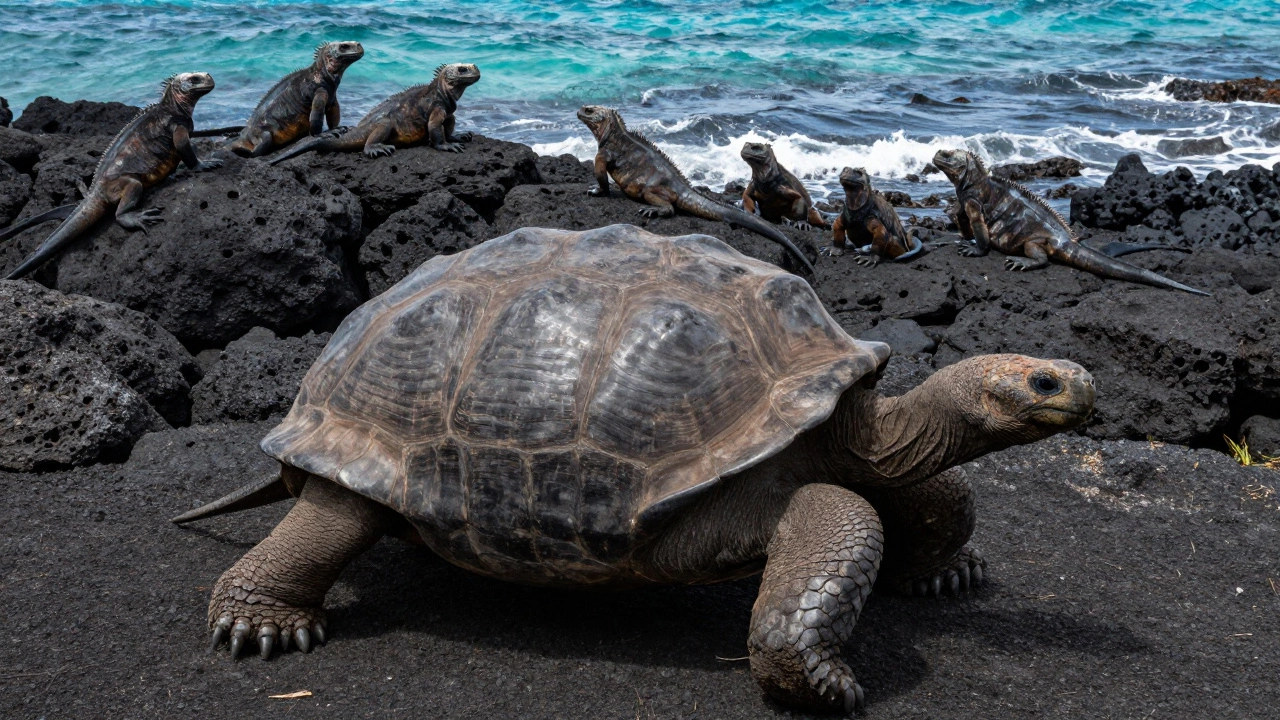 Гигантская черепаха и морские игуаны на вулканическом берегу Галапагосских островов