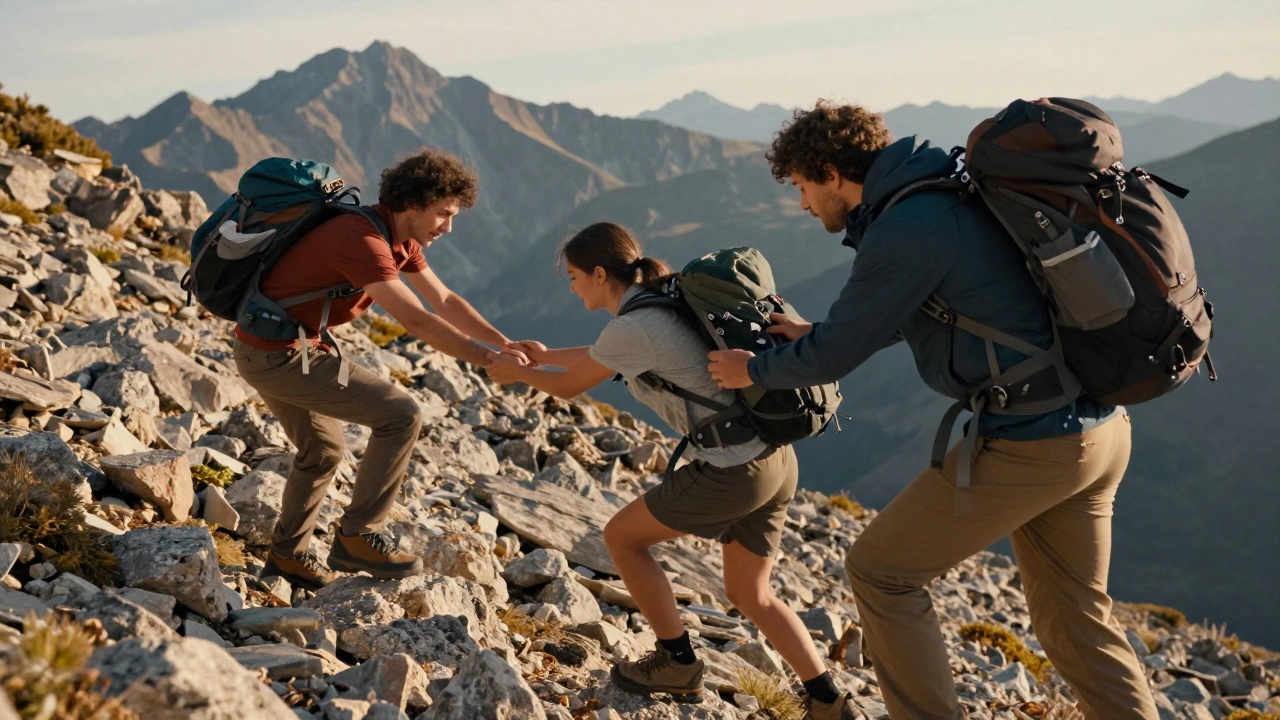 Группа туристов помогают друг другу подняться по крутому склону