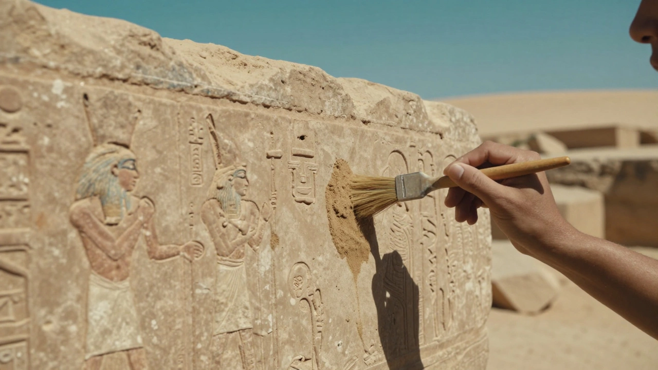 Процесс очистки древнего египетского рельефа кисточкой на раскопках